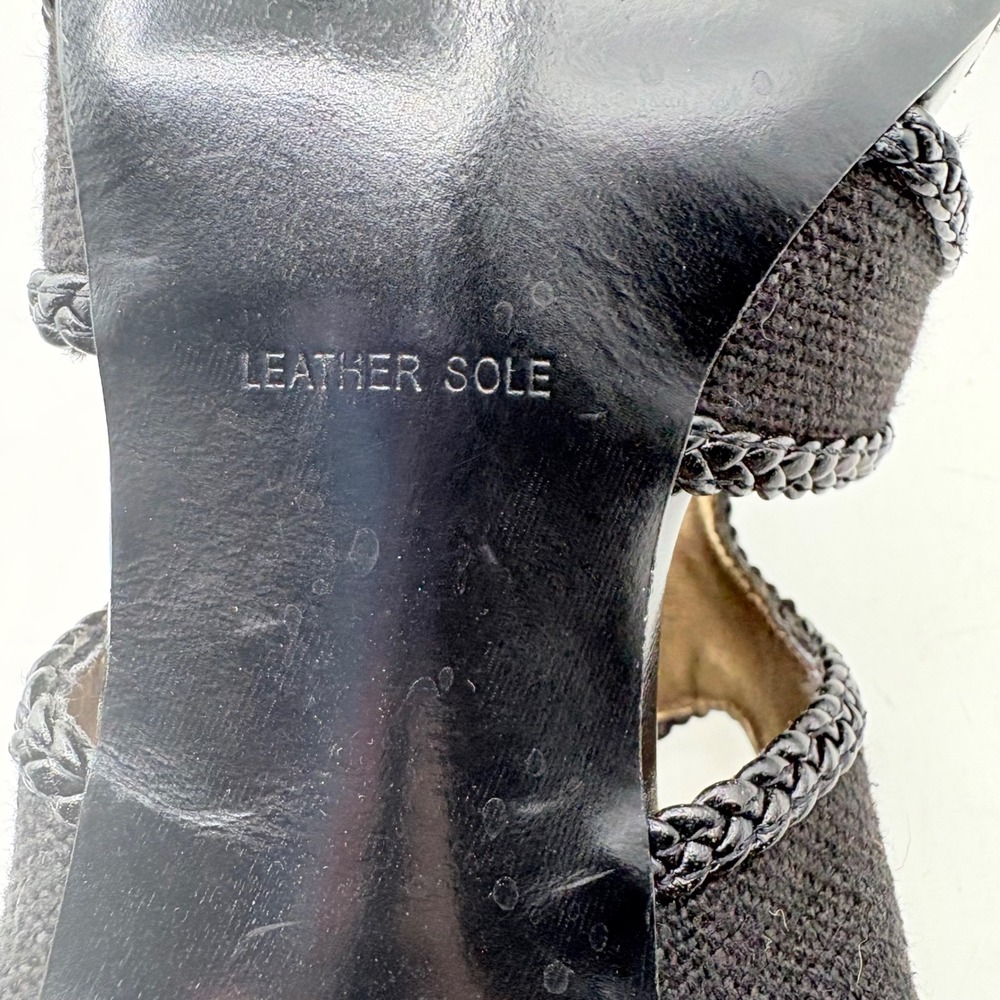 Tahari Lexie Black Canvas Braided Trim Heeled Sandals Size 8.5‎ M Gold Buckle - Picture 10 of 12